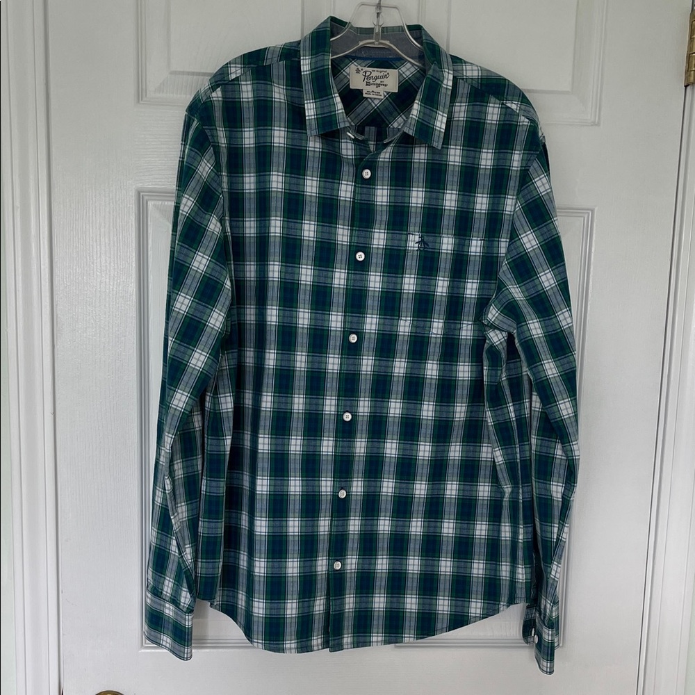 Penguin by Munsingwear green and white plaid  long sleeved button down shirt.